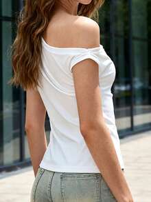 Women Off One Shoulder Tops Heart Pattern Short Sleeve Cute Slash Neck Shirts  Summer Streetwear - White - View 3