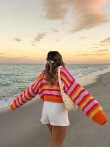 Women's Fashionable Color Block Long Sleeve Contrast Striped Christmas Crew Neck Drop Shoulder Pullover Oversize Top Knit Fall Winter Sweater - Multicolor - View 3