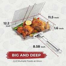 Grilling Basket For Outdoor Grill – Large Foldable Stainless Steel Barbeque Basket With Removable Handle, Skewers & Basting Brush Non-Stick BBQ Grill Basket For Veggies, Fish & Shrimps,Steel - 鋼 - 查看 4