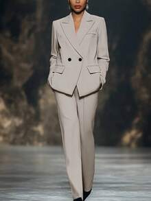 女士休闲宽松纯色口袋双排扣长袖套装，适合春、夏、秋季日常办公穿着。 - 灰色 - 查看 13