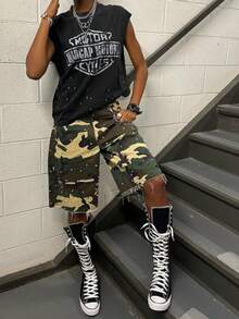 Pantalones cortos de mezclilla con camuflaje para mujer - Pantalones capri con adorno de perlas y dobladillo deshilachado, estilo callejero bohemio - Verde militar - Ver 3