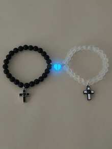 ATLVXJL 2pcs/Set Glow-In-The-Dark Heart, Cross Projection Bead Couple Bracelets, Casual Jewelry Suitable For Daily Wear And Holiday Gift - Multicolor - View 3