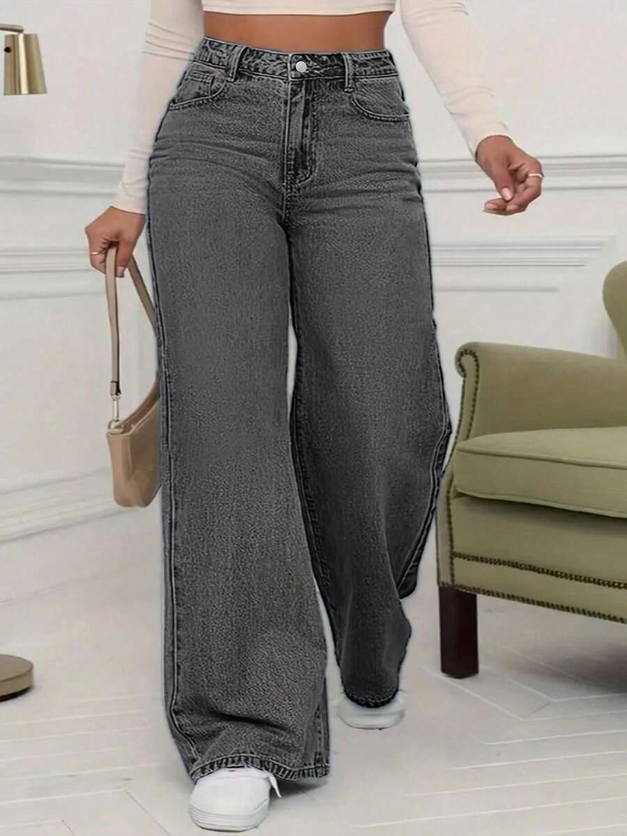 Women's Mid Waist Non Elastic Casual Loose Straight Leg Denim Pants Suitable For Daily Commuting And Home Wear - Màu xám đen - Xem 1