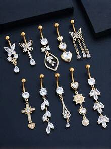 2件套14G 316L不锈钢时尚蝴蝶结心形立方氧化锆肚脐环，可爱日常肚脐饰品，女士肚脐环套装，粉色/白色/蓝色，杆长10毫米