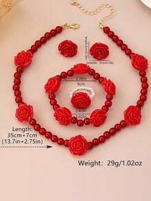 5件套亚克力玫瑰串珠项链、手链、耳环、戒指套装，简约复古优雅时尚配饰，适合作为礼物、参加派对、宴会和日常佩戴 - 紅色 - 查看 5