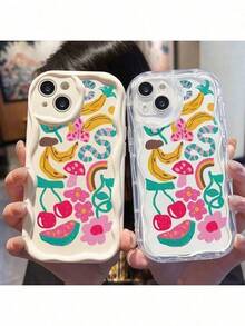 1 pièce Étui de téléphone en faux cuir avec motif floral de banane et de cerisier, conception antichoc compatible avec iPhone X XS/11 Pro Max/12 Pro Max/13 Pro Max/14 Pro Max/15 Pro Max/16 Plus/16 Pro Max/17/17 Air - Transparent - Voir 2