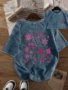 Plus Size Women's Casual Ditsy Floral Cotton T-Shirt, Black Washed Crew Neck Short Sleeve Top, Minimalist Style Suitable For Daily Wear, Retro Design Summer - Blue - View 10
