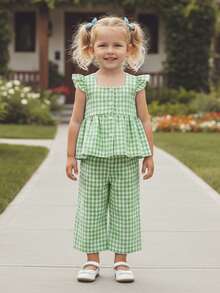 Toddler Baby Girls Spring Summer 2PCS Pants Sets Flying Sleeve Button Up A-Line Plaid Tops Pants Outfits Cute Simple Leisure Daily Clothes Ideal For 12Months-5Years - 綠色 - 查看 2