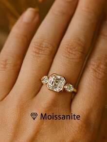 女士高品质单钻戒指，法式三石戒指，2.6克925纯银，1.5克拉阿斯切切割莫桑石，简约优雅奢华珠宝，订婚、结婚、周年纪念礼物，附赠莫桑石证书和精美礼盒