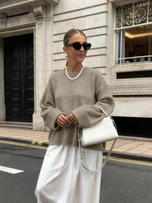 FOR BEAUTY 女士休闲宽松圆领长袖针织衫，百搭日常穿搭，简约纯色套头衫，适合居家、新年等场合，秋冬季穿着。 - 花駝 - 查看 2