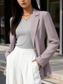 Women's Slim Fit Lapel Single-Button Blazer - Suitable For Both Work And Casual Wear, Solid Color - 灰色 - 查看 4