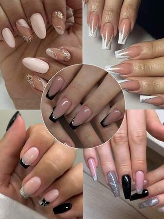 120pcs Assorted Designs Long Coffin French Tip Press On Nails, Multicolor Glossy Fake Nails With Glitter And Line Art, Fit Perfectly Fake Nails Kit, Full Cover False Nails, Includes 1sheet Adhesive Tabs & 1pc Mini File, For Daily Dating Office Home Party, Women Jewelry Accessories False Nail Tips, 1 File Strip Jelly Gel