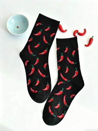 1 Pair Black Chili Pepper Fabric Soft & Comfortable Unisex Mid-Calf Socks, Versatile Sports & Fashion, Spring/Autumn