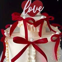10 élégantes décorations de gâteau en ruban rouge avec des accents dorés - fabriquées en polyester, conviennent pour les décorations de mariage, anniversaire, Saint-Valentin, créant une atmosphère festive - Rouge - Voir 2