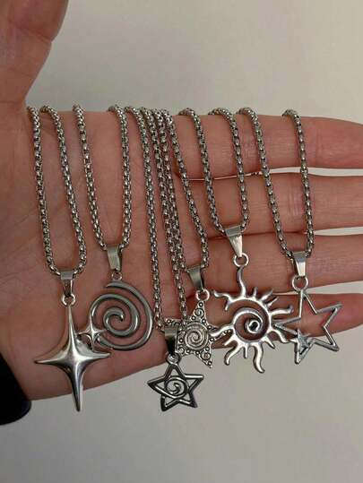 Set de 6 collares con colgante de acero inoxidable con diseños vintage góticos y punk como estrella, llama, espiral, sol y corazón. Incluye 6 collares con colgantes de cruz barroca europea mixtos, adecuados para Navidad, Año Nuevo, San Valentín y otras festividades.