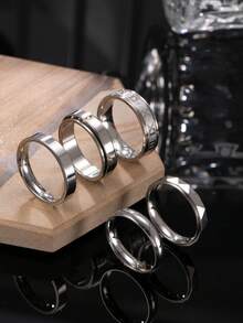 5pcs Fashionable Stainless Steel Silver Men's Ring Set, Includes Roman Numeral, Cross, And Ball Elements, Suitable For Men's Daily Wear, Festivals, Dates, Engagements, Weddings - Silver - View 1