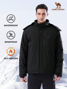 CAMEL CROWN 男士防水冬季滑雪服，带保暖内衬，防风防雪，适合户外徒步和登山 - 黑色 - 查看 10