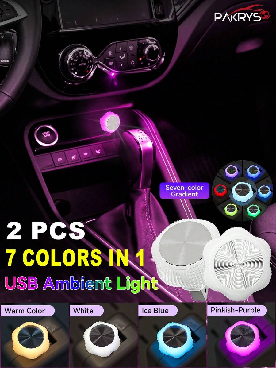 PAKRYS 2pcs Flower Shaped USB Mood Light, 7-Color Gradient Cycle, Colorful Mini Holiday Decor Flower LED Wireless Night Light, Car Atmosphere Light, Holiday Lighting, Decorative Light, Color Changing Light, Sturdy Structure, Lighting, Mood Light, No Battery Required, Car Flower Light, Truck LED Light, Truck Accessories, Car Accessories, Truck Light - Flower USB Ambient Light - View 1
