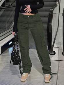 GILIPUR New Olive Green Casual Elegant Cargo Pants, Stretchy Multi-Pocket Design, Y2K Style Solid Color Loose Pants, Street Style For Autumn, Retro Fashion, Suitable For New Year, Valentine's Day, Spring Festival And Other Holidays Outings, Suitable For Spring, Summer, Autumn And Winter, Refined Casual, Ideal Choice For Formal Banquets, Casual Dinners And Concerts. - Army Green - View 7