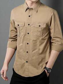 Men's Khaki Casual Long Sleeve Shirt, Outdoor Leisure Minimalist Fashion Shirt, Casual Jacket - Khaki - View 4