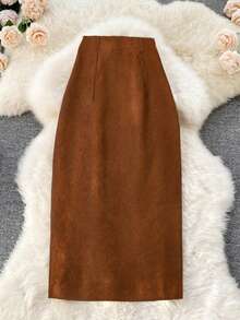 Elegant Vintage A-Line Side Slit Mid-Length Skirt For Women Casual Spring - Mocha Brown - View 2