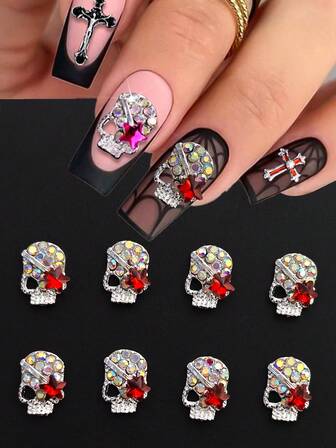 5pcs Sparkling Silver Metal Skull Nail Art With Red Five-Pointed Star Rhinestones, 3D Halloween Nail Decorations, Gothic Punk Retro Alloy Nail Art DIY Accessories
