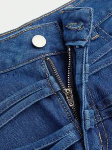 Magic Mia Women's Y2k High Waisted  Jeans -  Medium Wash Blue Strappy Criss Cross Design With Distressed Details | Stretch Straight Leg Denim Pants For 2025 Streetwear & Casual Style - 藍色 - 查看 5