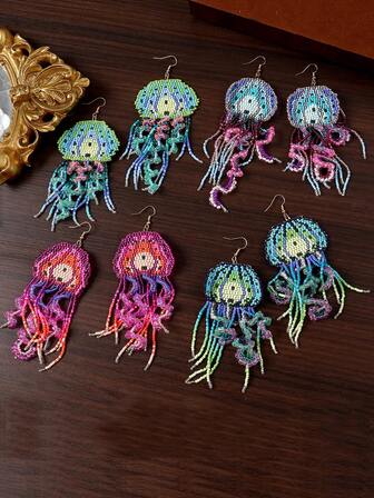女士新款波西米亚风水母耳环，串珠编织流苏耳环，时尚独特设计，节日送友佳品