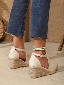 Breathable Closed Toe Wedge Sandals With Rope Accent, Fashionable And Comfortable - Beige - View 5