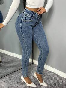 Quần Jeans Skinny Nữ Có 3 Nút Cài - Quần Denim Ôm Bụng Có Túi Xiên, Phong Cách Thường Ngày Đa Năng - Rửa trung bình - Xem 5