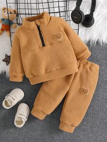 2pcs Baby Boy Fashionable Plush Bear Embroidered Collar Zip-Up Top And Pants Set, Comfortable - Brown - View 1