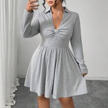 Plus Size Women Clothes Vestidos Elegantes De Mujer Dresses For Women Caramel Color, Fringed Neckline, Fitted Design, A-Line Length, High-Waist Design To Achieve Shaping Effect, Women's Long-Sleeved Dress Grey Collared Fitted A-Line Skirt. The Design Is Simple And The Atmosphere Is Relaxed And Comfortable. It Is Suitable For Daily Wear. - 灰色 - 查看 6