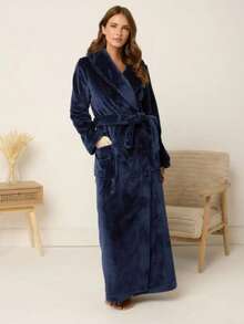 1 pieza Bata larga con solapa casual para mujer, suave y cómoda, moda de lujo elegante, adecuada para principios de primavera - Azul Marino - Ver 3