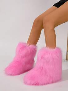 Women's Faux Fur Boots Furry Mid Calf Fur Boots Comfortable Outdoor Flat Shoes Winter Warm Plush Surface Snow Boots - 粉色 - 查看 9