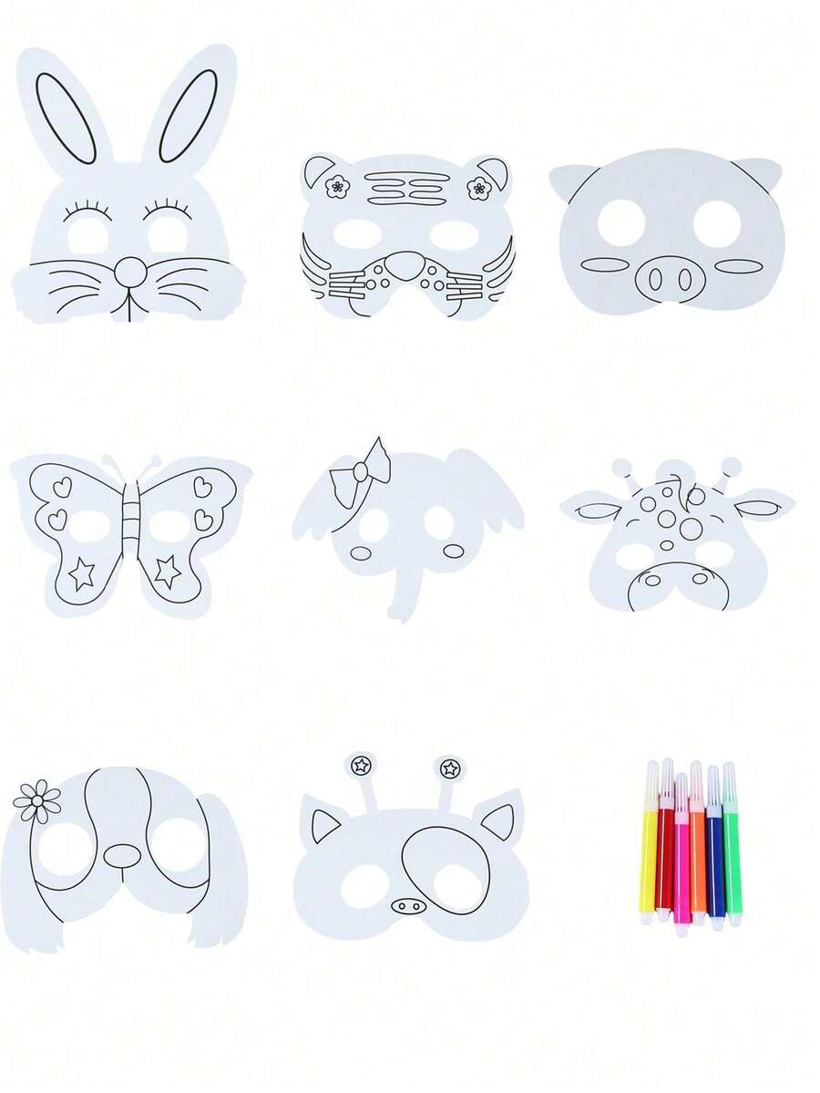 8pcs Animal Paper Masks, DIY Coloring Paper Masks With Watercolor Pens, Elephant, Butterfly & Mixed Animal Designs For Photo Booth Props, Suitable For Birthday Party, Baby Shower, Party Masks, Jungle Theme Birthday Party Costumes & Accessories, Blindfold Party Favors, Includes 8 Masks/8 Elastic Strings/6 Pens, Multifunctional Accessories For Various Occasions