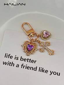 HAILIAN Amuleto de llavero de mujer de aleación con cruz, corazón y corona de lágrima con rhinestones - se puede usar como accesorio decorativo para billeteras, mochilas, estuches de auriculares, etc., con un cierre adecuado para maletas y automóviles