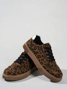 1双女士豹纹系带休闲麂皮平底运动鞋，舒适休闲系带平底鞋，四季皆宜，棕色，套脚式，圆头，低帮，百搭运动休闲鞋，复古风平底运动鞋，时尚百搭 - 棕色 - 查看 12