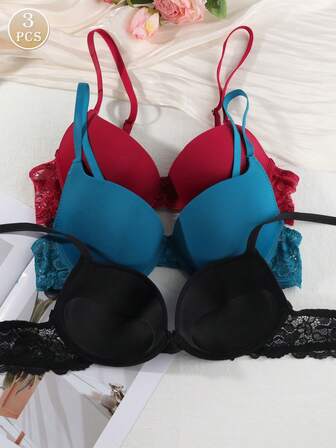 3pcs Lace Contrast Color Elegant Lightweight Padded Underwire Bra Set