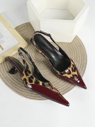 女士酒红色豹纹拼接高跟鞋，5厘米猫跟正式鞋，派对婚礼鞋，尖头套脚凉鞋