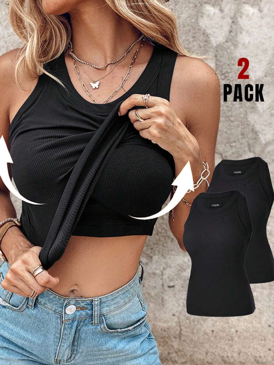 ChicMe 2 piezas Camiseta sin mangas de punto acanalado con sujetador incorporado, top casual ajustado y estilizador para el verano