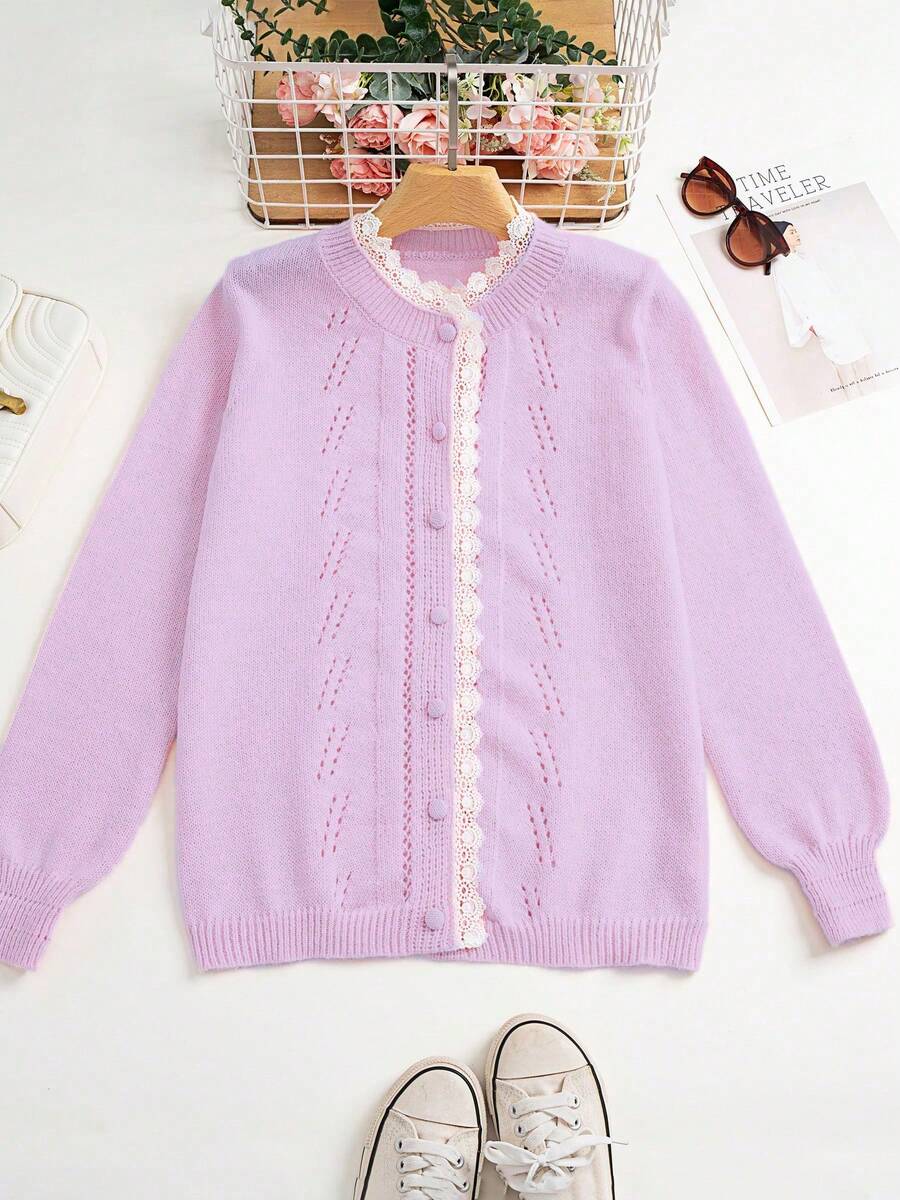 Chaqueta de punto con encaje, estilo delicado, suéter corto para mujer - Púrpura malva - Ver 1