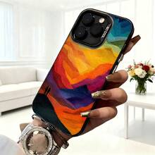Cubierta de teléfono con diseño de paisaje abstracto multicolor para iPhone 14 Pro Max estilo moderno con impresión de montañas y siluetas de personas en tonos cálidos ideal para uso diario en cafeterías y salidas urbanas - Negro - Ver 6