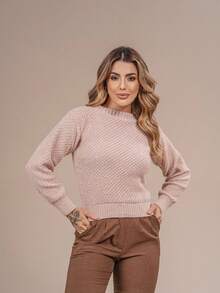 Blusa Feminina Tricot Modal Premium Texturizada Gola Redonda Tricô Manga Longa Inverno