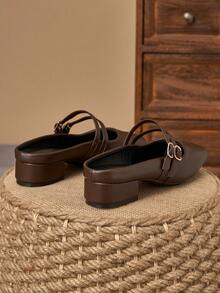 女士方头3厘米鞋跟套脚鞋，咖啡色，适合舞会、派对、晚宴等场合，复古玛丽珍低跟鞋，时尚百搭休闲鞋 - 咖啡棕 - 查看 6