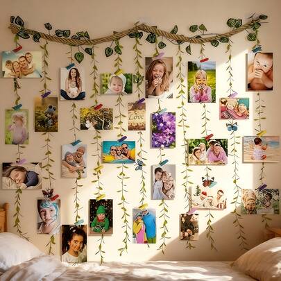 Bohemisk fotodisplay med vinstockar för väggdekoration, hängande bohemisk väggdekoration med en fotoväggdekoration med ett juterep och 25 färgglada klämmor tillsammans med 5 fjärilsdekorationer, perfekt för heminredning, examensfotodisplayer, gör-det-själv-väggkonst, festtillbehör