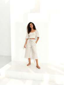 Women's Pantacourt Pants In Plain Linen Fabric Up To The Calf - tự nhiên - Xem 1
