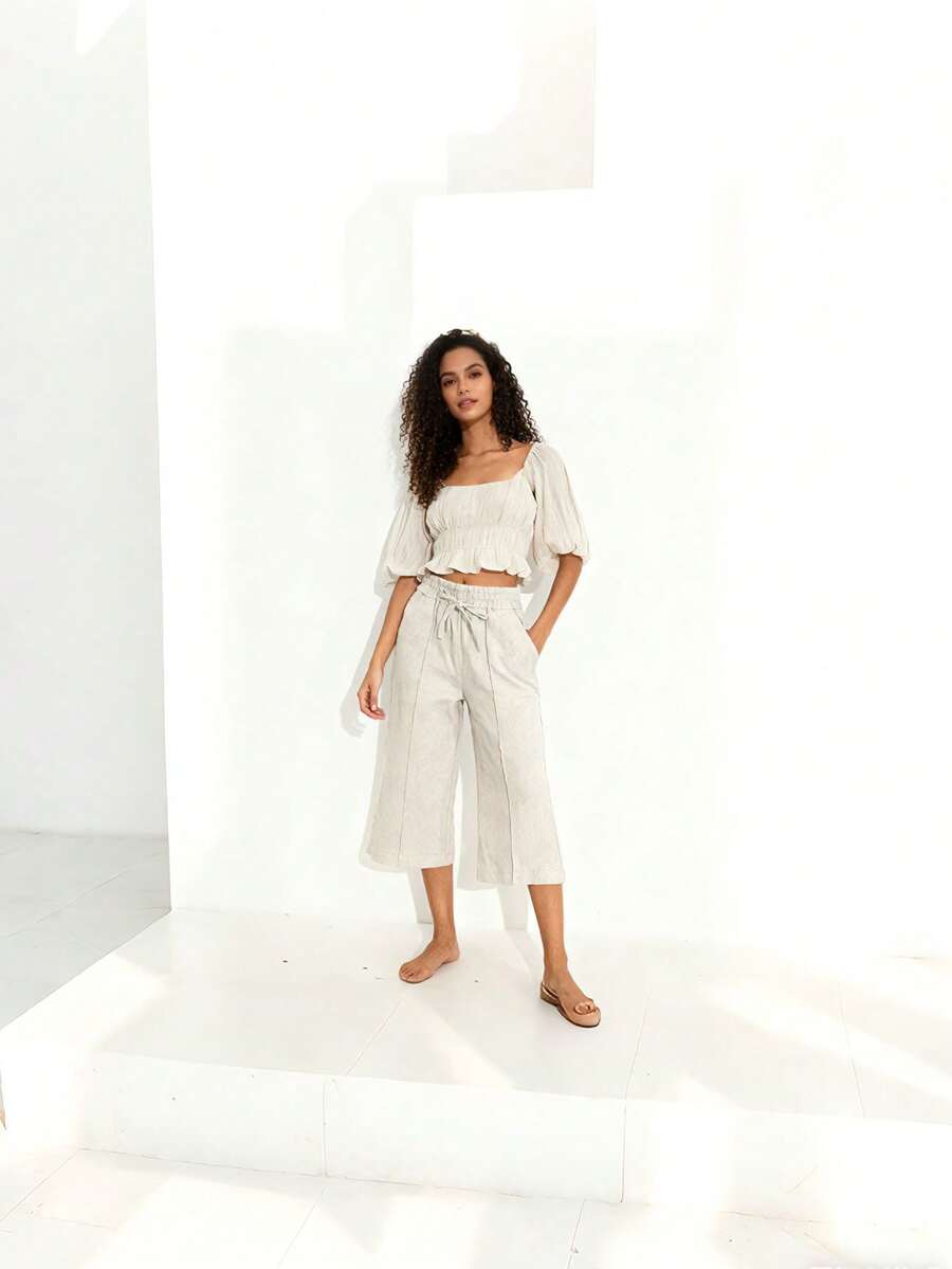 Women's Pantacourt Pants In Plain Linen Fabric Up To The Calf - tự nhiên - Xem 1