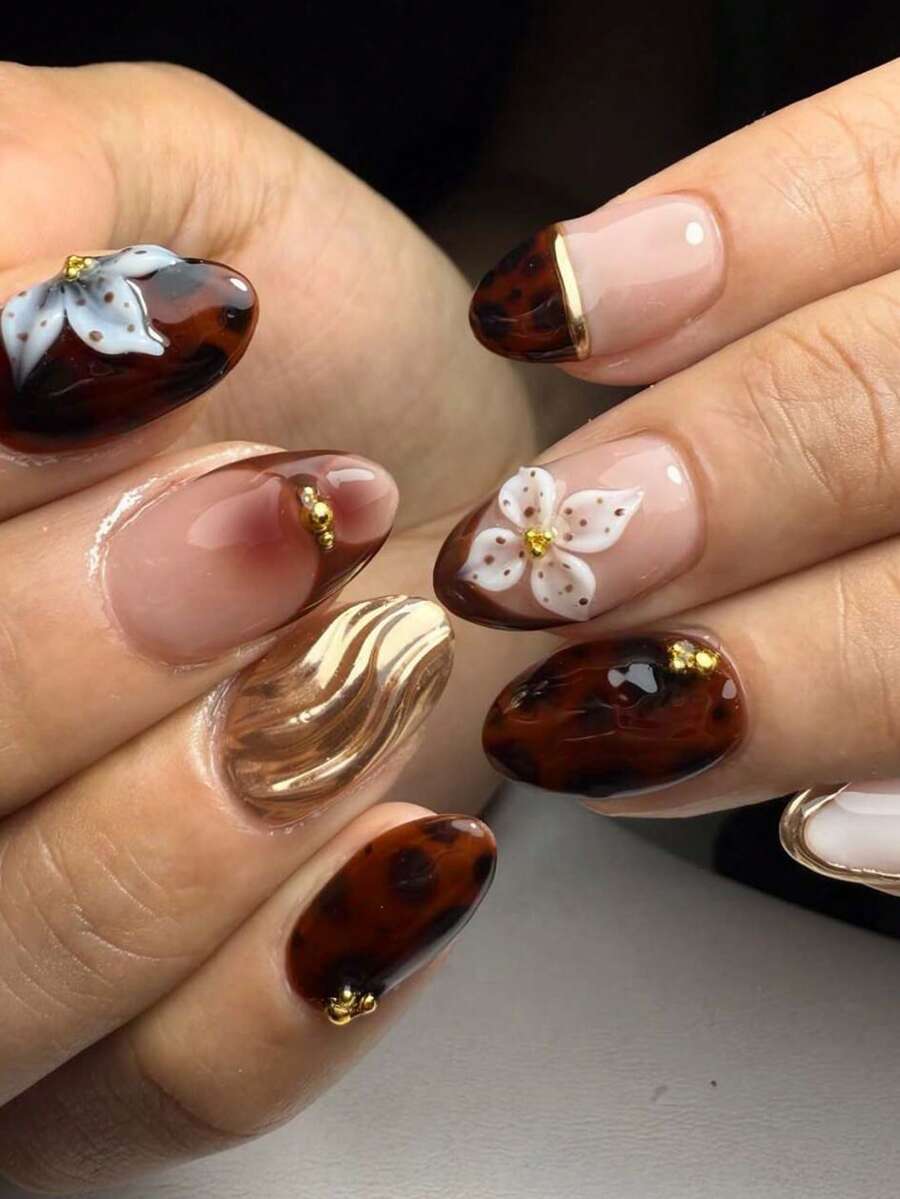 24片短椭圆形3D豹纹法式美甲贴纸，饰有3D花朵、金色珍珠和渐变设计，完美适配亚克力美甲套装，包含1瓶果冻胶和1把指甲锉，适合女孩日常或派对使用。 - 彩色 - 查看 1