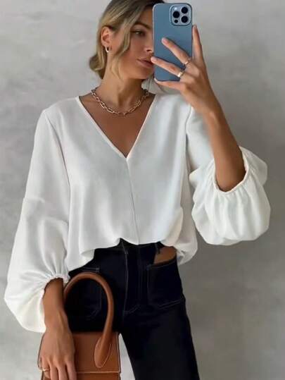 Fashionable & Elegant Solid Color V-Neck Lantern Sleeve Loose Blouse For Women