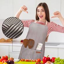 2 Pack Adjustable Bib Apron With 2 Pockets Chef CooFKing Kitchen Restaurant Aprons For Women Men,BrownPinstripe - 棕色細條紋 - 查看 4